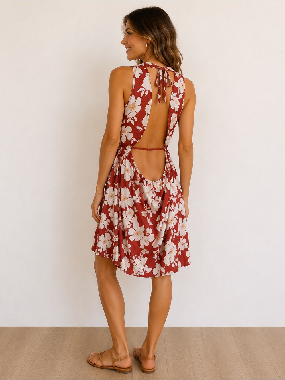 OUGES Rust Red Floral Halter Open Back Dress Size XL (US 16–18) - Picture 2 of 7